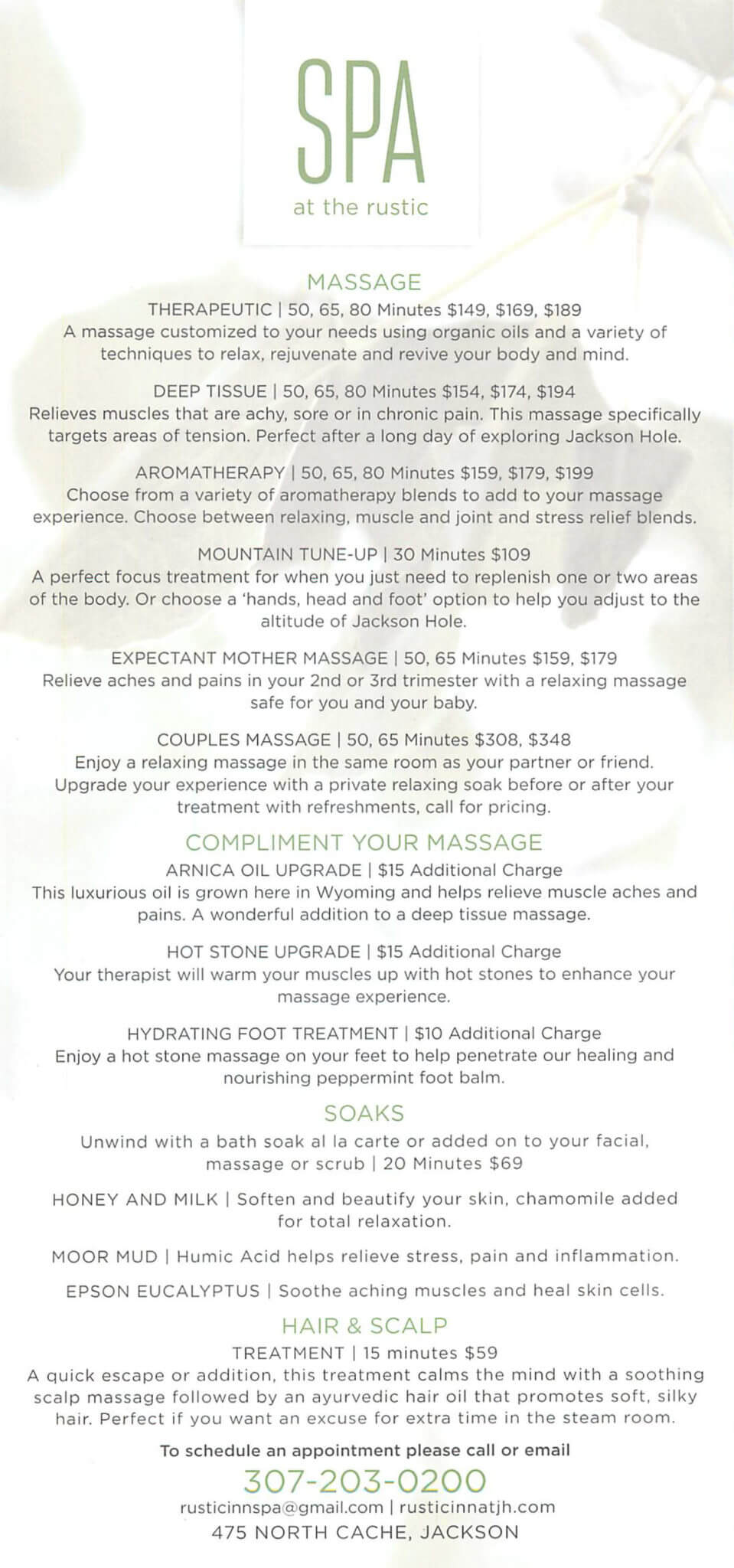 Rustic Inn Spa Menu
